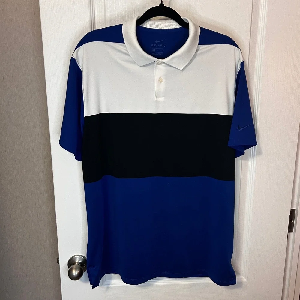 Nike Dri-FIT Color Block Golf Polo Shirt Men's Large White Black Royal Blue